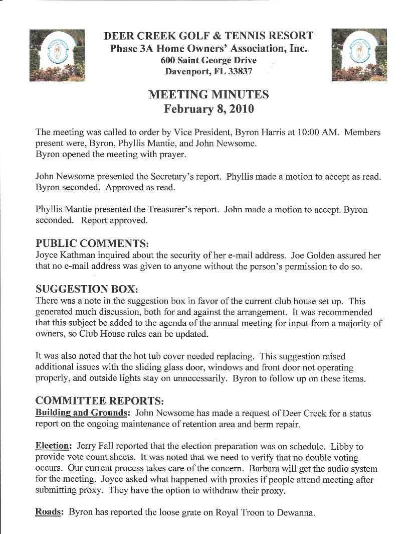 February 8, 2010 Monthly HOA Meeting Minutes